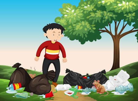 Man looking at pile of trash in the park illustrationのイラスト素材