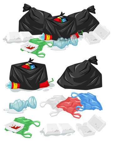 Many piles of trash with plastic bags and bottles illustrationのイラスト素材