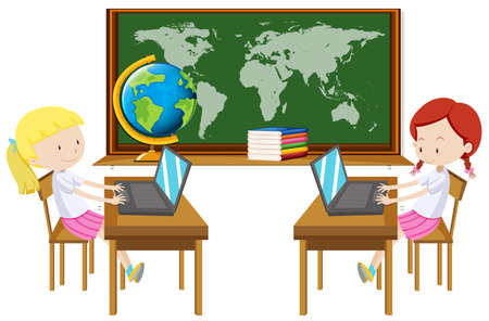 Two girl working on computer in classroom illustrationのイラスト素材