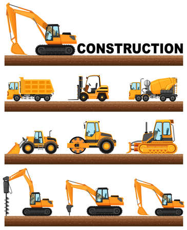 Different types of construction trucks on the ground illustrationのイラスト素材