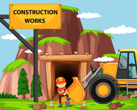 Construction work scene with man and bulldozer illustrationのイラスト素材