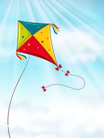 Colorful kite flying in blue sky illustrationのイラスト素材