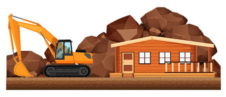 Excavator working on house construction site illustrationのイラスト素材