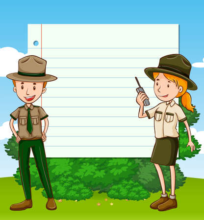 Two park rangers and paper template illustrationのイラスト素材