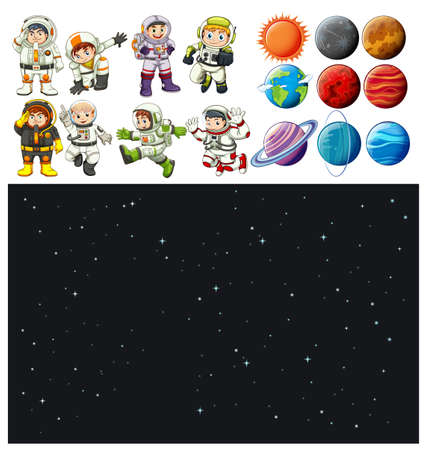 Space background and spaceman set illustrationのイラスト素材
