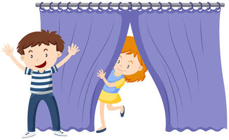 Girl behind the blue curtain illustrationのイラスト素材