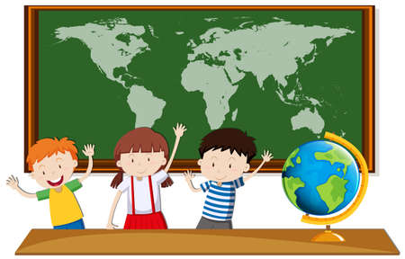 Three students study geography in class illustrationのイラスト素材