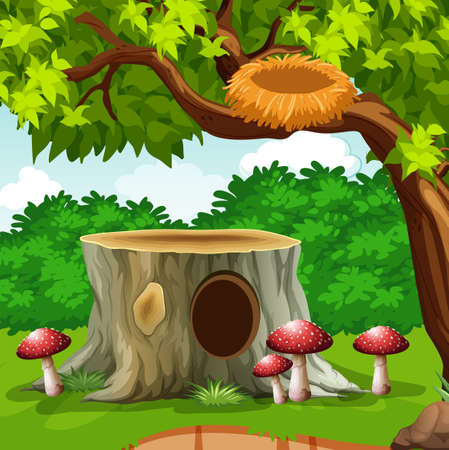 Birdnest on branch in the garden illustrationのイラスト素材