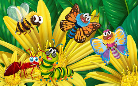 Different types of insects on yellow flower illustrationのイラスト素材