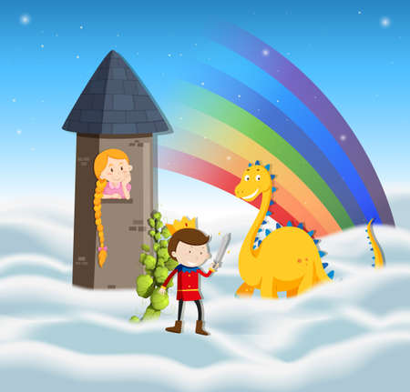 Prince and princess at the castle tower illustrationのイラスト素材