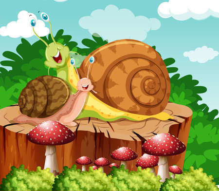 Snails crawling in garden illustrationのイラスト素材