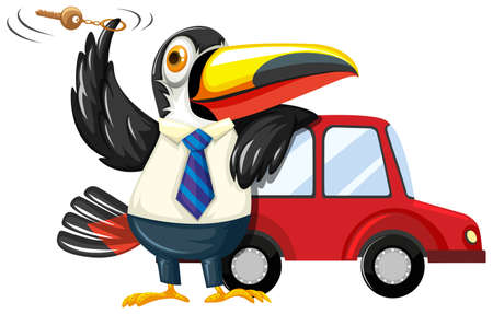 Toucan spinning carkey by the car illustrationのイラスト素材