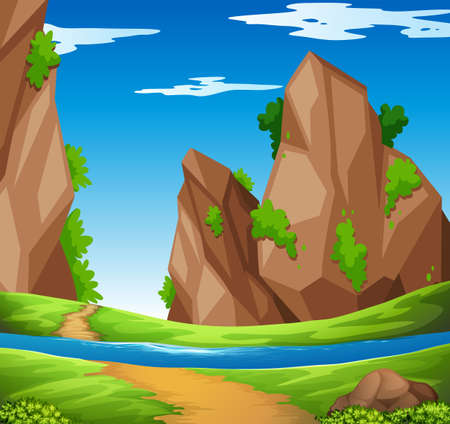 Scene with river and mountain illustrationのイラスト素材