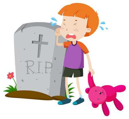 Boy crying in tears at gravestone illustrationのイラスト素材