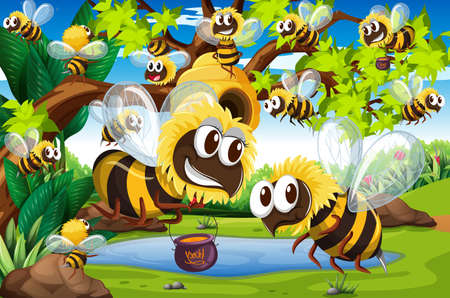 Many bees flying around beehive in garden illustrationのイラスト素材