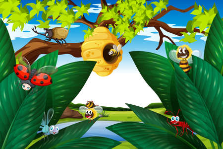 Insects on green leaves in garden illustrationのイラスト素材