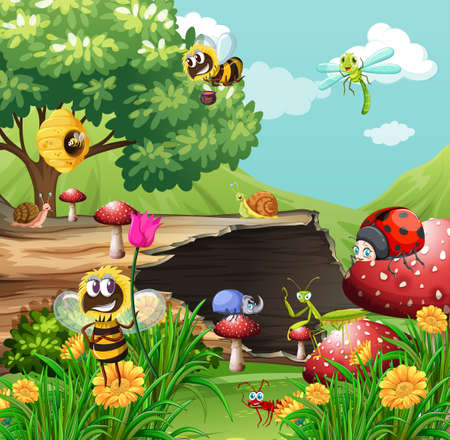 Many insects in the garden illustrationのイラスト素材