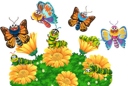Caterpillars and butterflies in the garden illustrationのイラスト素材