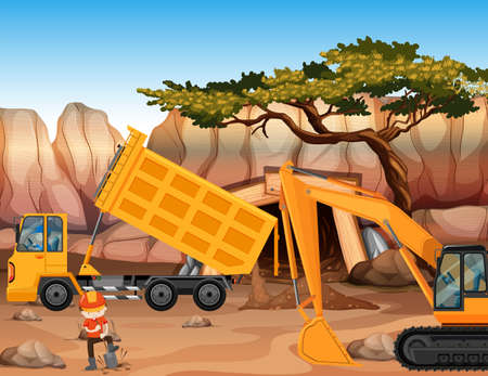 Bulldozer and dumping truck at the field illustrationのイラスト素材