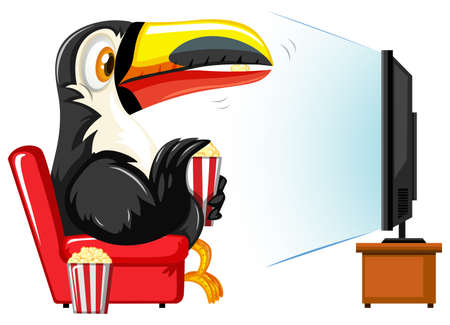 Toucan watching television on red sofa illustrationのイラスト素材