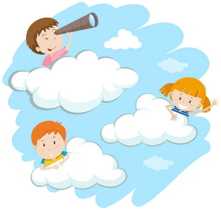 Happy kids behind the clouds illustrationのイラスト素材