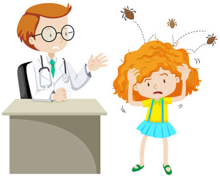Doctor examining girl with head lice illustrationのイラスト素材