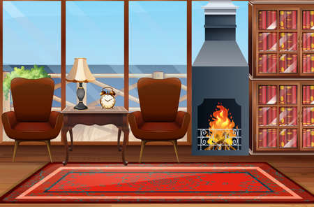 Room with brown chairs and bookshelves illustrationのイラスト素材