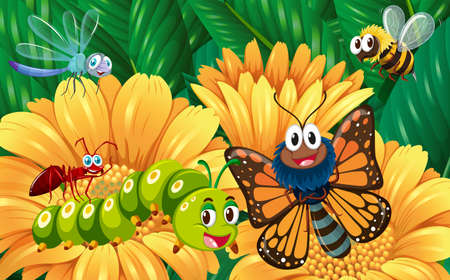 Insects in the flower garden illustrationのイラスト素材