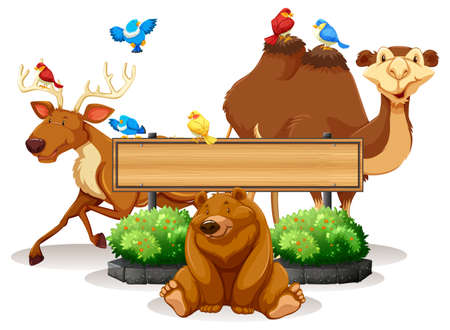 Wild animal and wooden sign template illustration
