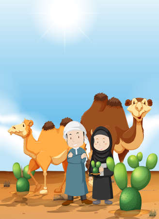 Arab people and camel on the desert ground illustrationのイラスト素材
