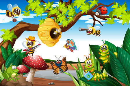 Bees flying around the tree illustrationのイラスト素材