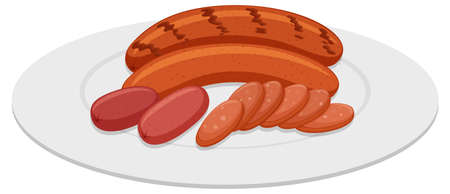 Grilled sausages on round plate illustrationのイラスト素材