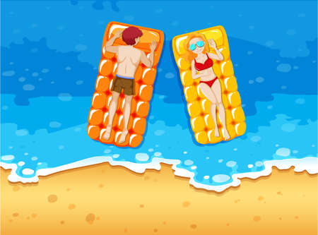 Man and woman sunbathing on the seaside illustrationのイラスト素材
