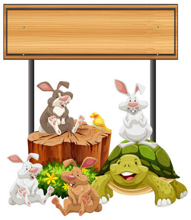 Wooden sign with rabbits and turtle illustrationのイラスト素材