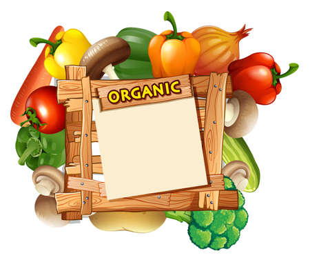 Vegetables around the wooden sign illustrationのイラスト素材