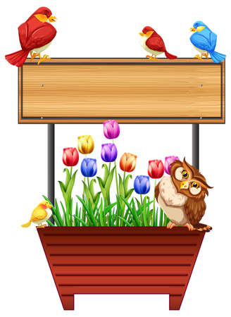 Wooden sign with birds and flowers illustrationのイラスト素材