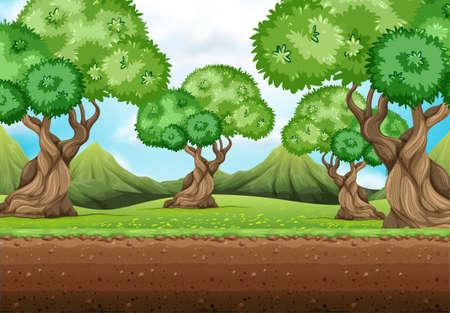 Seamless background with trees in garden illustrationのイラスト素材