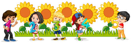 Counting numbers with happy children and sunflowers illustrationのイラスト素材