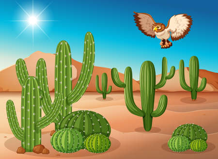 Owl flying over cactus in desert illustrationのイラスト素材