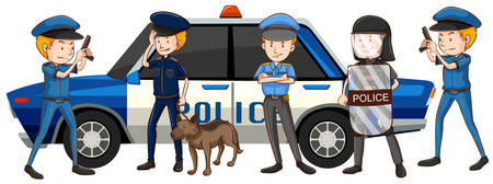 Policemen in different uniform by the car illustrationのイラスト素材