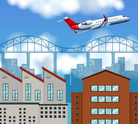 Plane flying above the city illustrationのイラスト素材