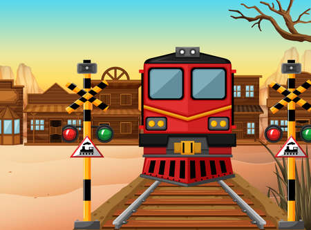 Train on the track to the western town illustrationのイラスト素材