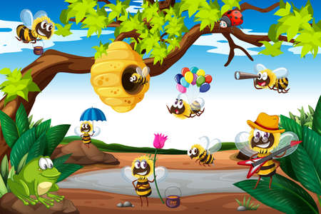 Bees flying around the tree illustrationのイラスト素材