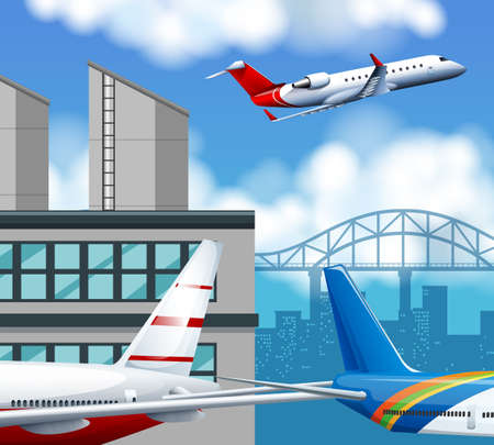 Airplane flying over the city illustrationのイラスト素材