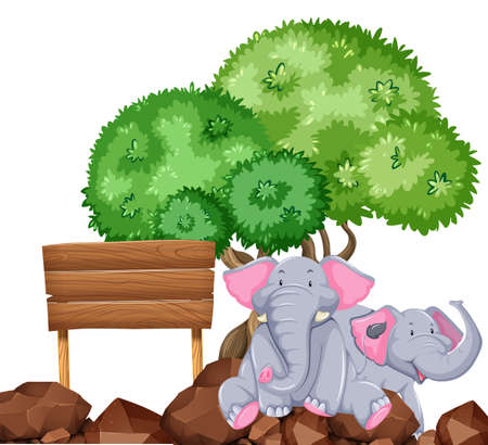 Board template with two elephants in garden illustrationのイラスト素材