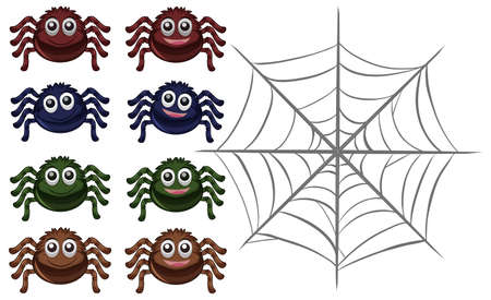 Spiders and web on white background illustrationのイラスト素材