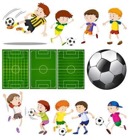 Football players in different actions and football fields illustrationのイラスト素材