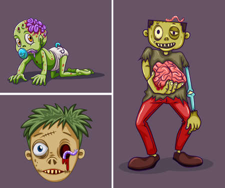 Three zombies on gray background illustrationのイラスト素材