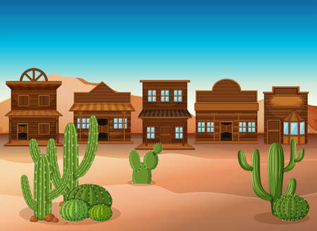 Scene with shops and cactus in desert illustrationのイラスト素材