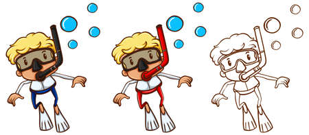 Scuba diver in three different drawing styles illustrationのイラスト素材